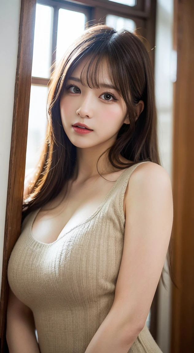table top, highest quality, shape, Super detailed, finely, High resolution, 8k wallpaper, 完璧なダイナミックな構shape, beautiful and detailed eyes, medium hair,natural lip, sexy knit dress , big breasts, cleavage, random sexy pose, whole body、Front button