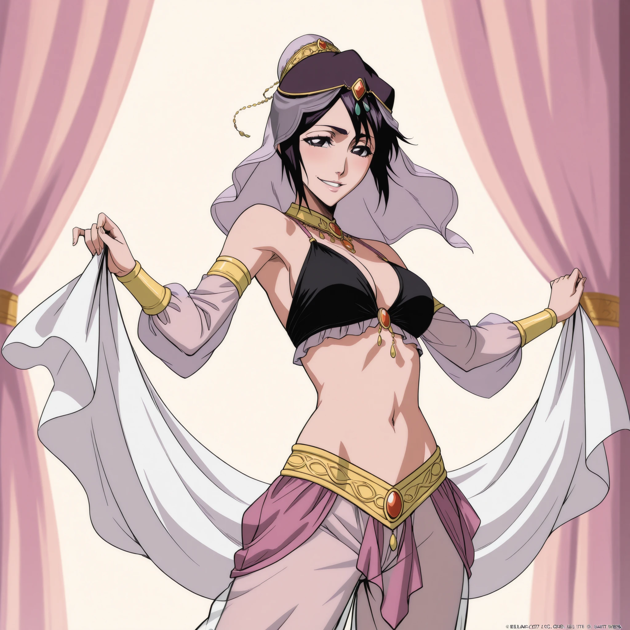 (1girl:1 . 5) , (Seul:1 . 5) , score_9 , score_8_haut , score_7_haut , source_anime , Official work , ultra-detailed , masterpiece , best quality , high res , beaux yeux , detailed eyes , detailed face , beautiful detailed eyes ,Bleach,Momo Hinamori, Arabian Clothes , Arabian Dancer ,belly dancer costume , golden jewelery,harem outfit, harem skirt, harem pants, transparent pants, belly dancing, harem veil , arabian garden, seductive smile, dancing with veil, dynamic movement, seductive pose,sexy pose