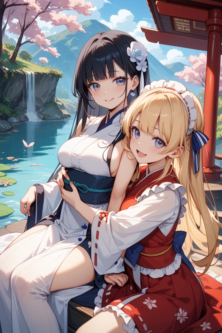 Anime Moe Art Style,Highest quality,High resolution,Anatomically correct,Multiple Girls,Mid-teens,Mr.々Hair style,Super detailed,Big Breasts,Shiny skin,Beautiful Skin,A rich expression,A big smile,high school girl,Gal-style girl,Nipples are visible,shrine,Miko costume,Show off your chest,Poses that accentuate the chest,Sexy pose,Eyes drawn in detail,8K