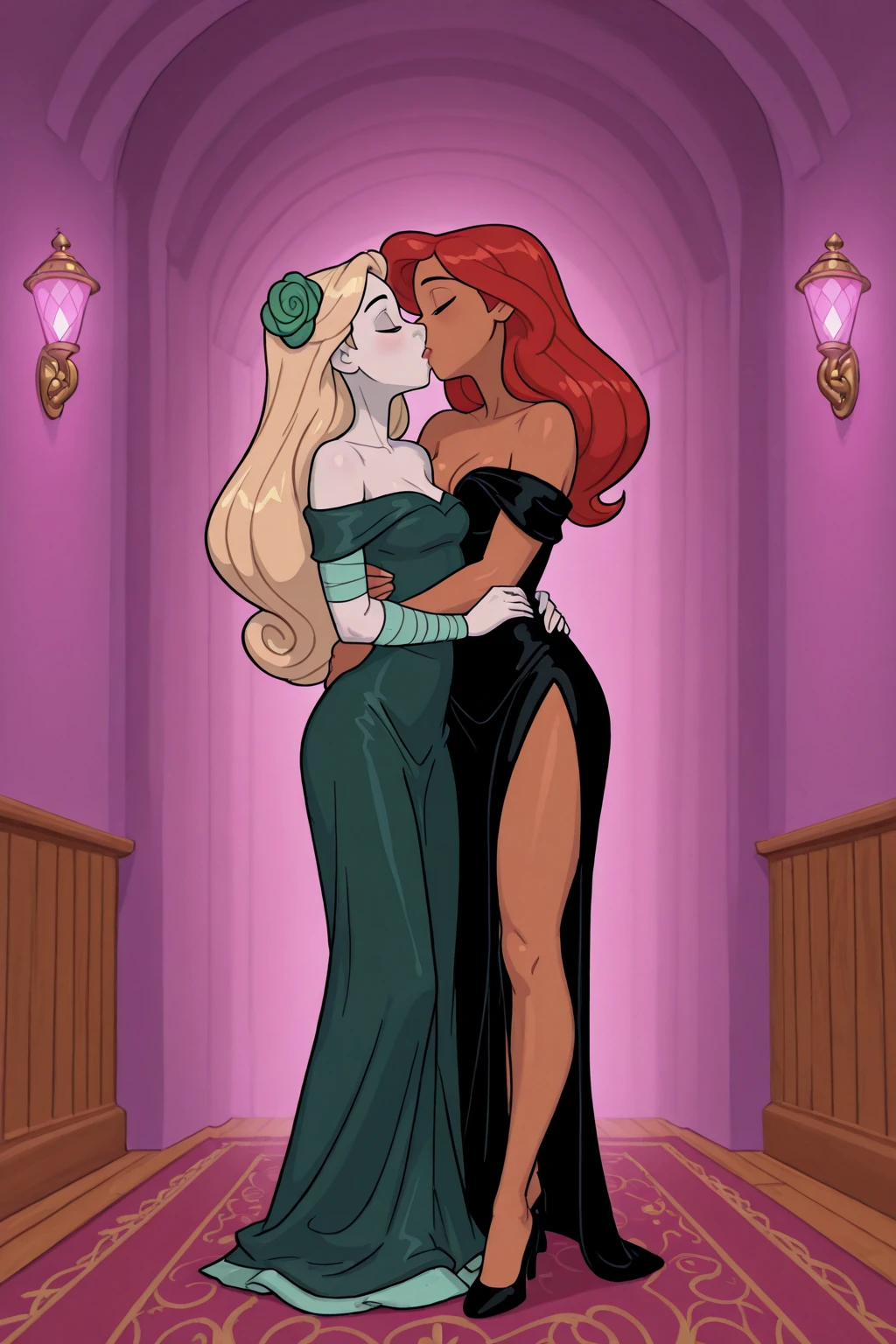 score_9, score_8_up, score_7_up, shaded BREAK 1futanari and 1girl, futanari Bonnie having sex with Shego, blonde hair, blue eyes, white skin, thick black slave collar around neck, long hair, black hair, green eyes, white skin, long hair, v-shaped eyebrows, smug, looking at viewer, topless, bottomless, fully naked, fully nude, girl bouncing on futanari's lap, squirting liquid, penetration from behind, huge thick penis penetrating vagina from behind, sex scene, vagina spread by huge thick penis from behind girl, vagina leaking liquid, blushing, screaming from ecstasy, tongue out, eyes looking up in climax, hand squeezing breast, fingers squeezing breast, fingers pinching nipples, pulling nipple, bodies touching, large breasts, huge breasts, round full breasts, super thin waist, heart shaped hips, kissing, Bonnie's penis penetrating Shego's vagina, Shego straddling Bonnie while being penetrated, sexual intercourse, sensual scene, outdoors, sunset, balcony