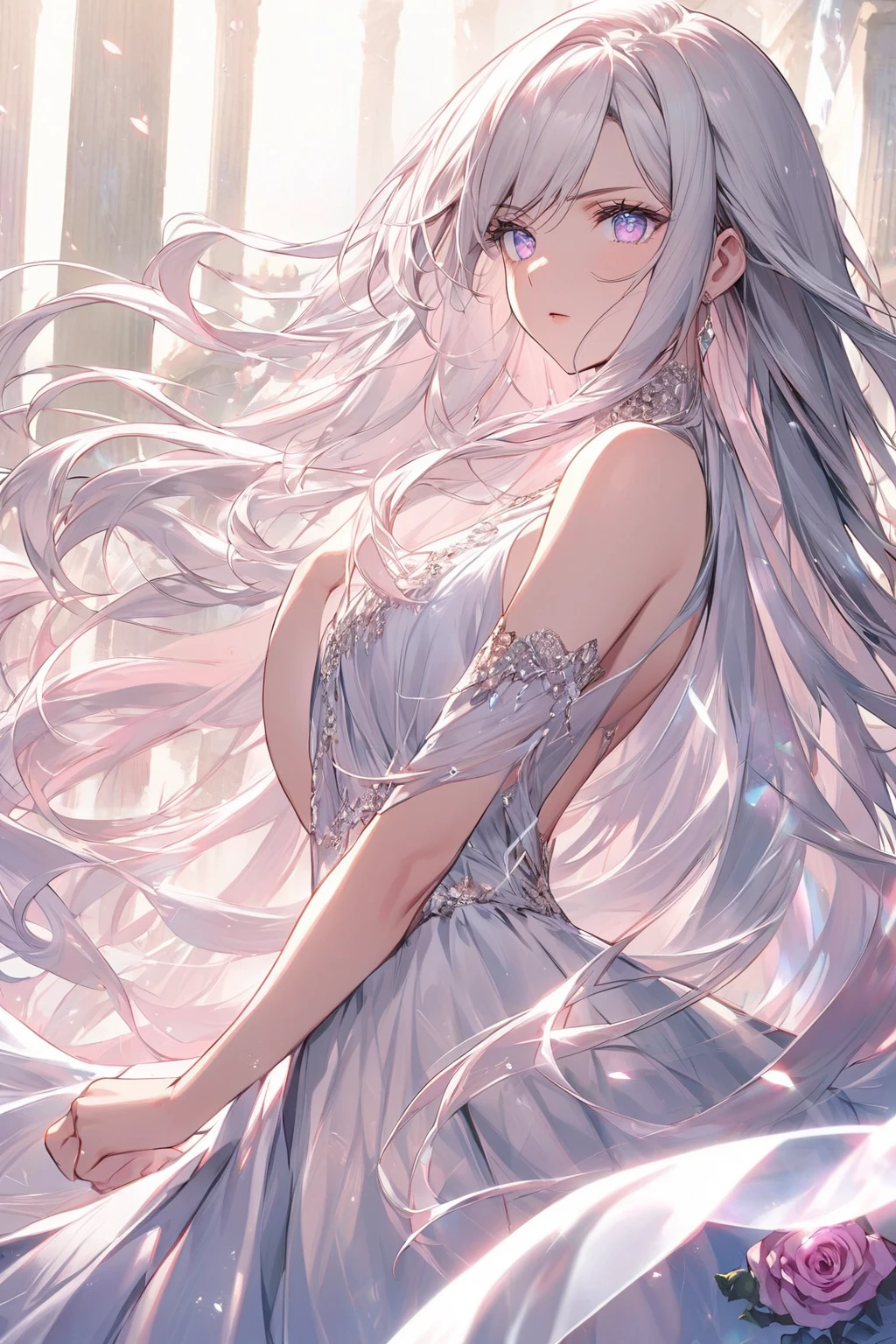 best quality, super fine, 16k, incredibly absurdres, extremely detailed, delicate and dynamic, cool and beautiful pretty white beast woman, iridescent white messy hair, captivating look, aroused expression, wearing camisole dress with lace embroidery, superlative body proportion, cute pose, sparkling gold eyes, moon, night, stars