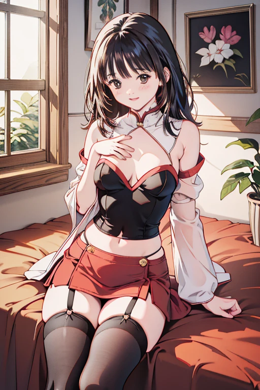 kurumitokisaki, tokisaki kurumi, clock eyes, black hair, twintails, (red eyes:1.2), (yellow eyes:1.2), heterochromia, (medium breast:1.3), grin smile, BREAK looking at viewer, BREAK living room background, BREAK (masterpiece:1.2), best quality, high resolution, unity 8k wallpaper, (illustration:0.8), (beautiful detailed eyes:1.6), extremely detailed face, perfect lighting, extremely detailed CG, (perfect hands, perfect anatomy), bathrobe:1.5, squatting:1.4, spread legs:1.4, black lace panties:1.4,