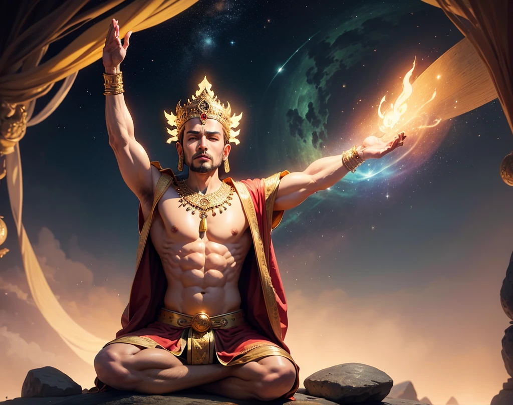 "Depict Sun Wukong, the Monkey King, in his Nirvana state from 'Journey to the West.' Place him in a serene, celestial landscape high above the clouds, where the sky is illuminated by the soft glow of a rising sun. Sun Wukong should be seated in a meditative lotus position on a floating, ancient stone platform engraved with mystical symbols. His golden fur should emit a subtle, radiant light, and his eyes should be closed in deep meditation, exuding a sense of peace and enlightenment. A golden halo should encircle his head, and his body should be surrounded by a gentle aura of energy, shimmering with shades of gold, violet, and blue. Around him, the celestial environment should include soft, flowing clouds, ethereal rays of light, and the faint silhouettes of sacred mountains in the distance. The atmosphere should evoke a sense of spiritual transcendence, with Sun Wukong embodying the ultimate state of inner peace and divine wisdom."