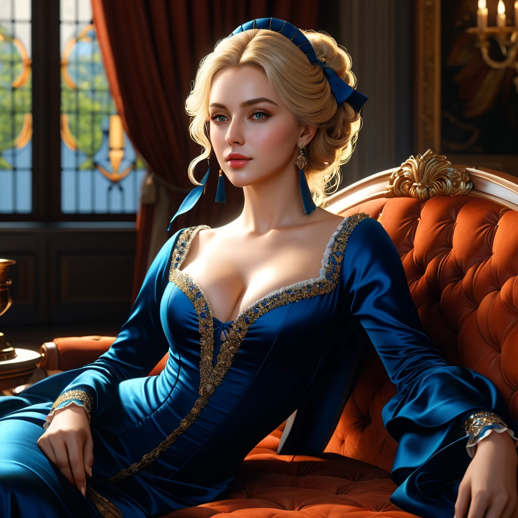 Blonde woman, twenty eight years old, blue eyes, wearing red long dress, beautiful long dress, sitting on a chair in a exquisite room, fantasy world, strong body, big tits