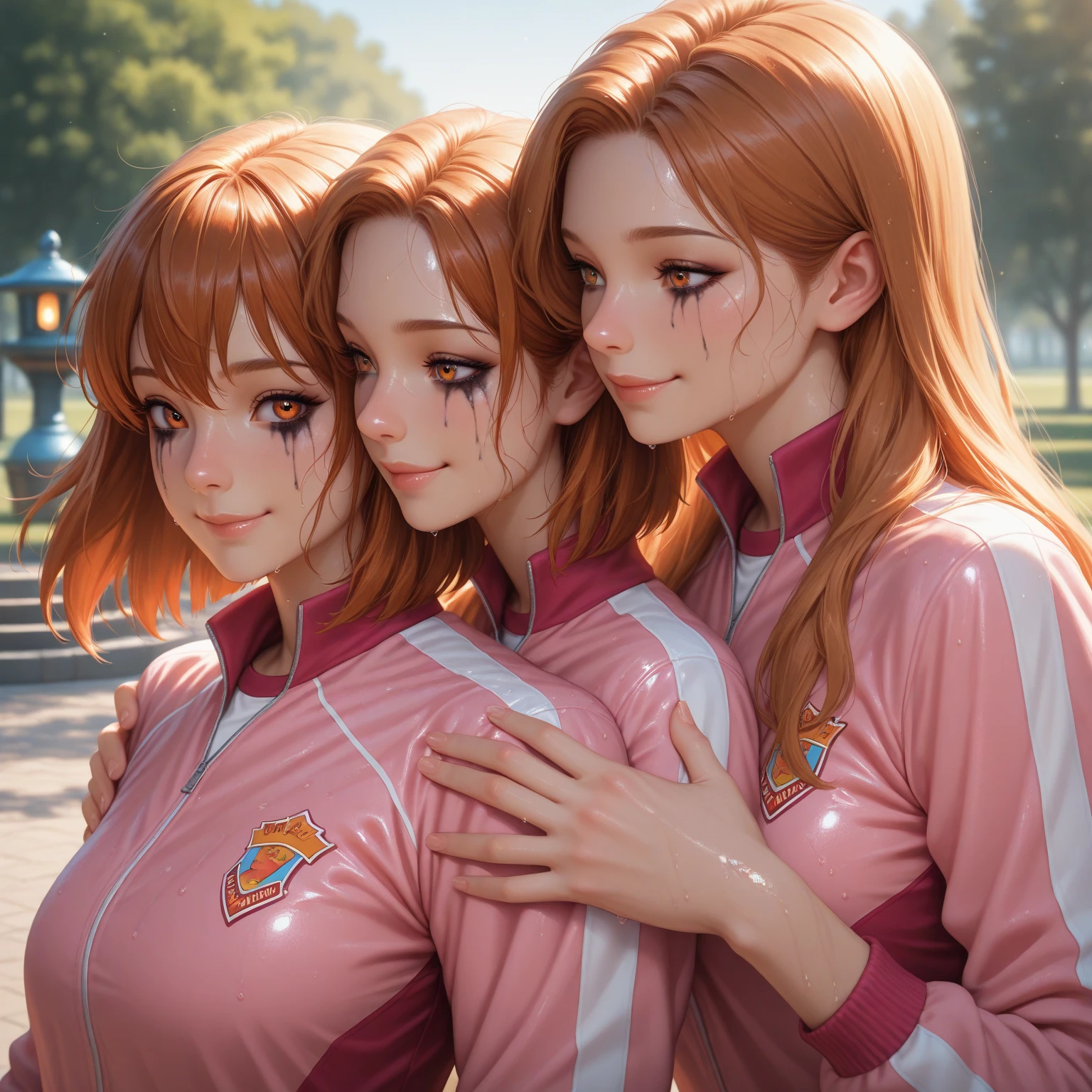 Body position: Full body, standing, straight, symmetrical, barefoot.
Lustful smile on face with red blush,
(A girl playing football, blue football uniform), (sweating:1.2), (wet), sexy, blushing,
masterpiece:1.2, best quality), realistic, (real picture, intricate details, depth of field), (1girl, solo), make up, parted lips, highly-detailed, perfect face,
(huge breasts:1.4), (skindentation), thick thighs, wide hips, small waist, tall, glossy coral lips,
red hairs, red eyes, long messy hair,