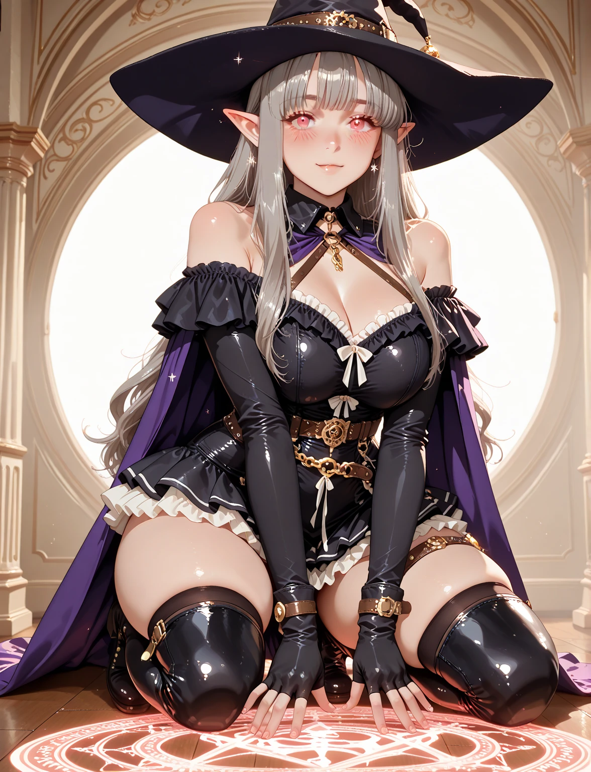 1girl, solo, black twin tail hair, short hair, ginormous breasts, elf, purple and brown clothes, accessories, cleavage, masterpiece, full body, arm, legs,  feet, best quality, beauty, sweaty, after shower, black clothes