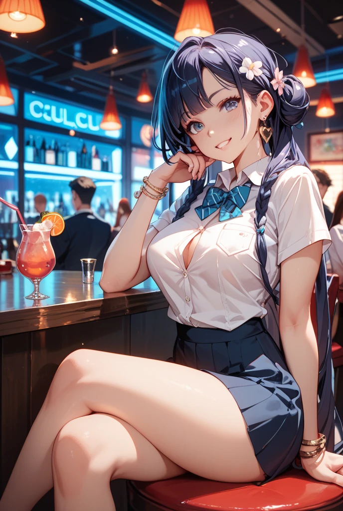 anime girl with blue hair and glasses sitting at a bar, seductive anime girls, attractive anime girls, beautiful and seductive anime woman, Fine details. Girl Front, Surrealism female students, Beautiful anime girl, Guviz, Beautiful Anime High School Girls, Smooth anime CG art, Surrealism female students, photorealistic anime girl rendering