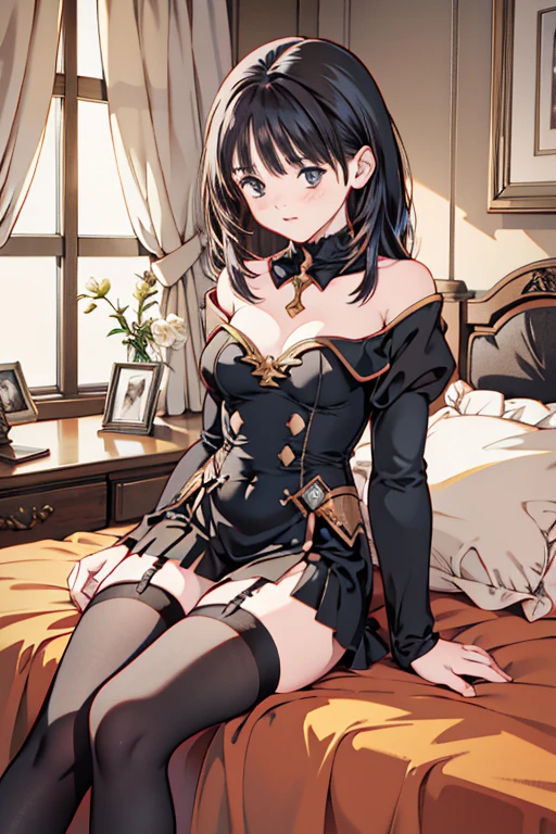 Highly detailed and realistic CG, Colorful, Masterpiece, Best Quality, magnificent, jewel-like eyes, 1girl, solo, loli, lolikawaii, Brave, female hero, black hair, wavy hair, long hair, brave costume, brave boots, miniskirt, large breasts, black body suits, agony, suffer, lying, on back, bedroom, on bed, fantasy world, blush, amber eyes, collar with chain, nsfw, perfect face, perfect anatomy, intricate, wedding veil, hand on chest,