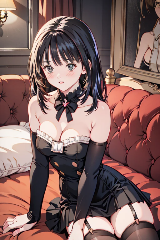 Masterpiece, of the highest quality, illustration from the novel., high resolution, young woman, beautiful body, slim, semi developed chest, dressed in victorian dress, Red and black colored dress, black hair, wide, straight, brown and black eyes, friendly and cute face ((Upper part of the body:1.3))