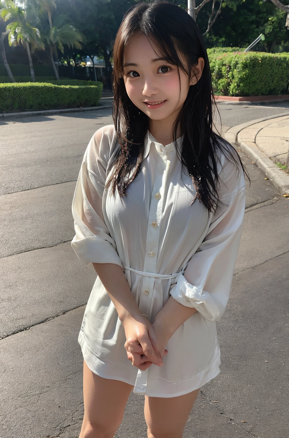 ((SFW: 1.4)), (girl)), Ultra-high resolution, (Realistic: 1.4), RAW Photos, Highest quality, (PhotoRealistic Stick), concentrated, Soft Light, ((15 years old)), ((Japanese)), (( (Young Face))), (surface), (Written boundary depth), masterpiece, (Realistic), woman, bangs, ((1 girl))、(((Model-like style、Thighs、shin)))、Handbagr.々Fashion))))、(((Find someone you like and smile)))、(((The background is Italian tourist destinations)))