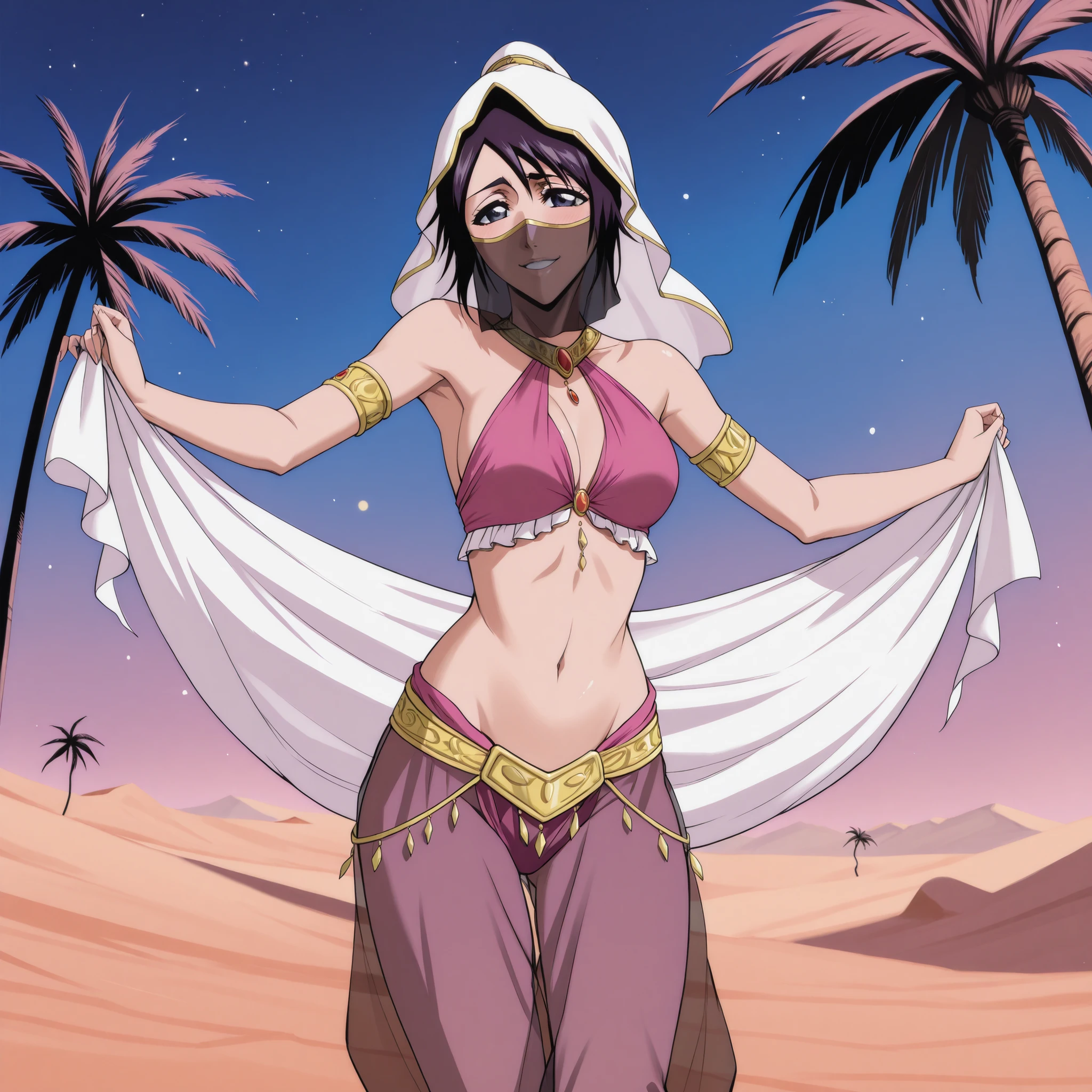 (1girl:1 . 5) , (Seul:1 . 5) , score_9 , score_8_haut , score_7_haut , source_anime , Official work , ultra-detailed , masterpiece , best quality , high res , beaux yeux , detailed eyes , detailed face , beautiful detailed eyes ,Bleach,Momo Hinamori, Arabian Clothes , Arabian Dancer ,belly dancer costume ,face veil , golden jewelery,armlet,harem outfit, harem skirt, harem pants, transparent pants, belly dancing, harem veil ,night,desert landscape,palm tree,seductive smile, dancing with veil, dynamic movement, seductive pose,sexy pose