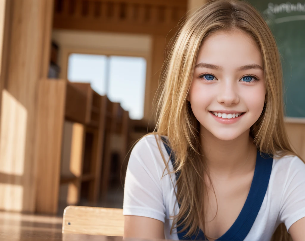 ((sfw: 1.4)), (( detailed face, cute face, detailed face,  professional photography)), ((((standing)), (from side), (both hands on knee) , leaning forward ( grin smile : 1.2),  earrings)), (( Shiny platinum blonde silk hair, beautiful shiny bangs, big clear sky blue eyes, very beautiful bright eye highlights, 1 Girl)), Ultra High Resolution, (Realistic: 1.4), RAW Photo, Best Quality, (Photorealistic Stick), Focus, Soft Light, ((15 years old)), (( (young face))), (surface), (depth of field), masterpiece, (realistic), woman, bangs, ((1 girl))