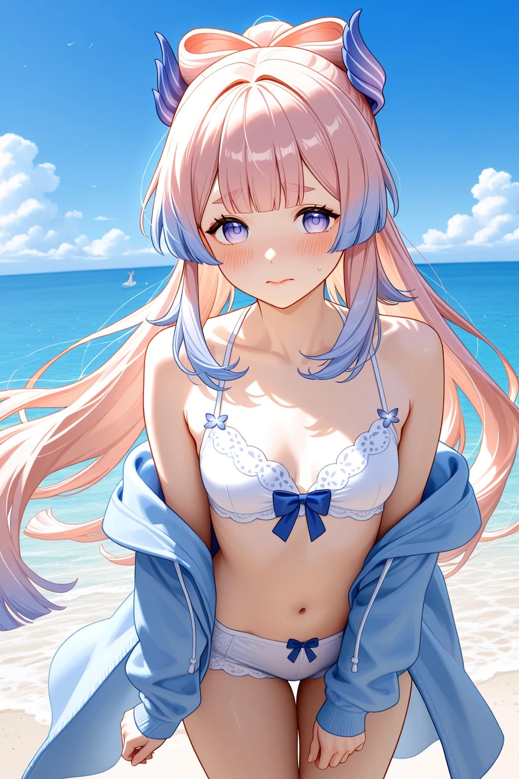(Masterpiece, BestQuality:1.3), (ultra detailed:1.2), (hyperrealistic:1.3), (RAW photo:1.2), High detail RAW color photo, professional photograph, (Photorealistic:1.4), (realistic:1.4), (Pink Hair:1.5), professional lighting, perfect anatomy, (Big Breasts:1.2), (blush, detailed face), (A happy smile:1.7), sexly, erotic sexly, Random sexy gravure poses, (Blue sailor uniform with black knee-high socks、The background is the seaside、With the front of her sailor uniform slightly open, emphasizing her chest,、Winking pose with hair pulled back。:1.3)