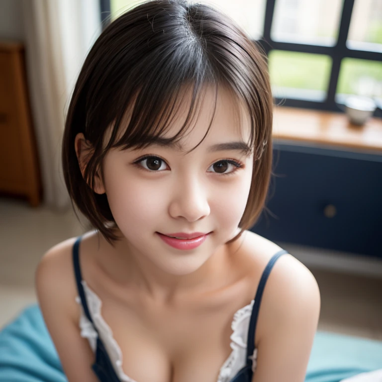 ((Beautiful Japanese Women)),Small breasts,, (8k, highest quality, masterpiece:1.2),(Realistic, photo-Realistic:1.37),Very delicate and beautiful,8k,In detail,Beautiful details,highest quality,Ultra-high resolution,((Very detailed)),(photo-Realistic:1.37),(((Black short hair)))、((Mole on the corner of the eye))、(Thin eyebrows)、((double eyelid))、((Tear bags))、Fine skin、(yukata)、hostel、room、((Golden ratio of the face))、Slim body、(Beautiful curves)、(Clear face)、((smile))、((From the knee up))、futon、On all fours、Looking down、Grabbing the male genitalia、Licking the male genitals