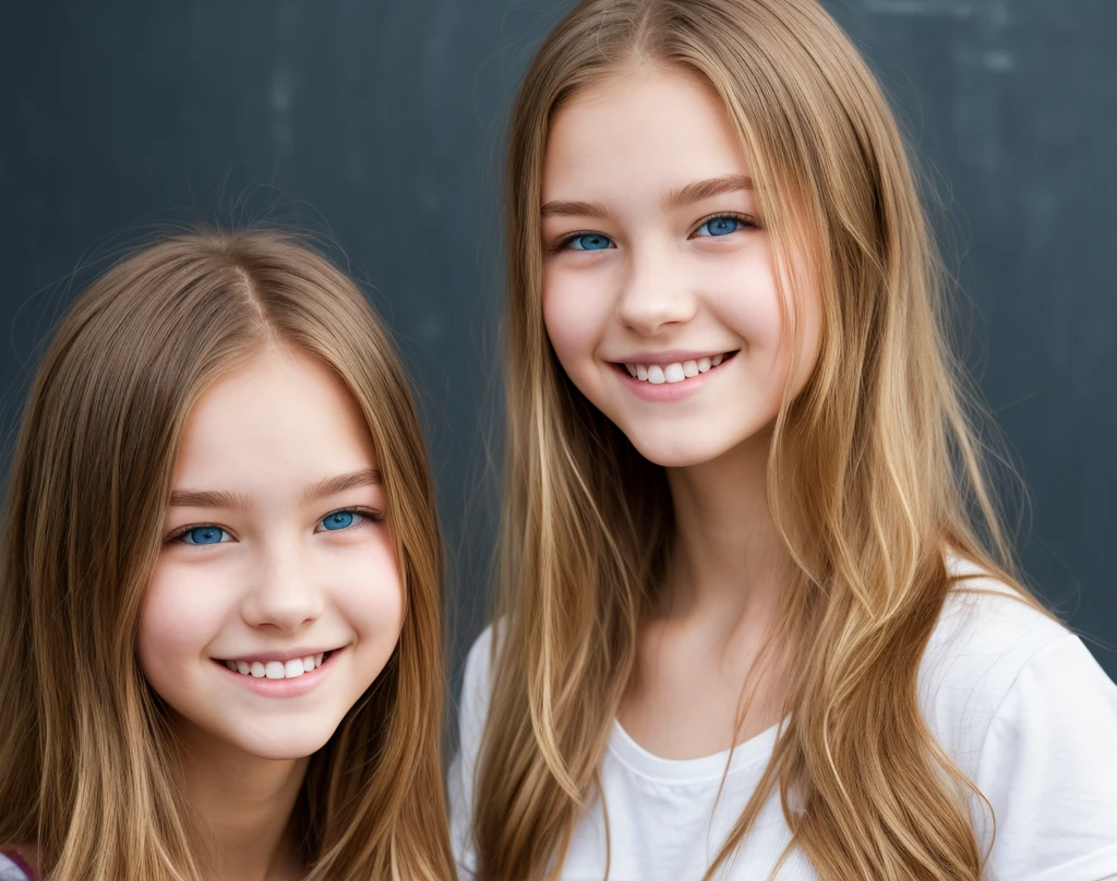 (Better image quality) a beautiful blonde woman next to a very pretty 6-year-old girl smiling ;in orange clothes ;very realistic image.