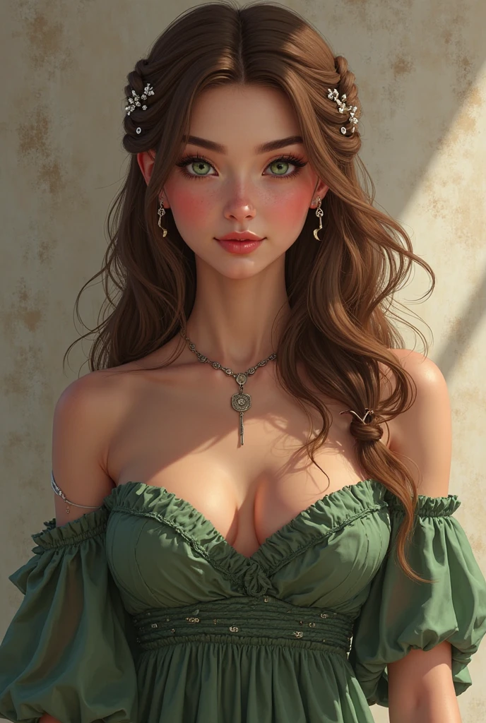 Olive skin, brown curly hair, green eyes, Middle-aged woman, beauty, reddened cheeks, aroused, seductive, ​masterpiece, Ancient city in the background, gownungsstil der Antike, Unbecoming, gown, Reveals skin on the legs, Reveals skin on the hips, Reveals skin on the breasts, Anime Style