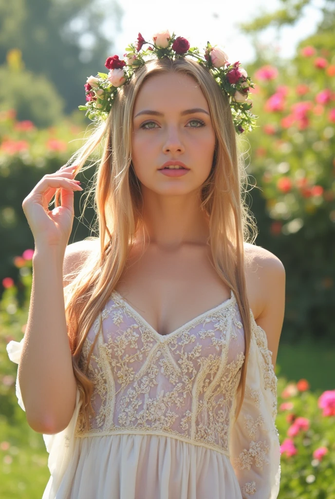 (best quality,4k,8k,highres,masterpiece:1.2),ultra-detailed,(realistic,photorealistic,photo-realistic:1.37),naked fairy tale princess,illustration,golden hair,sparkling eyes,rosy lips,ethereal appearance,graceful pose,enchanted forest background,floating flowers,soft sunlight,magical aura,vibrant colors,fantasy style,warm color tone,fairy dust