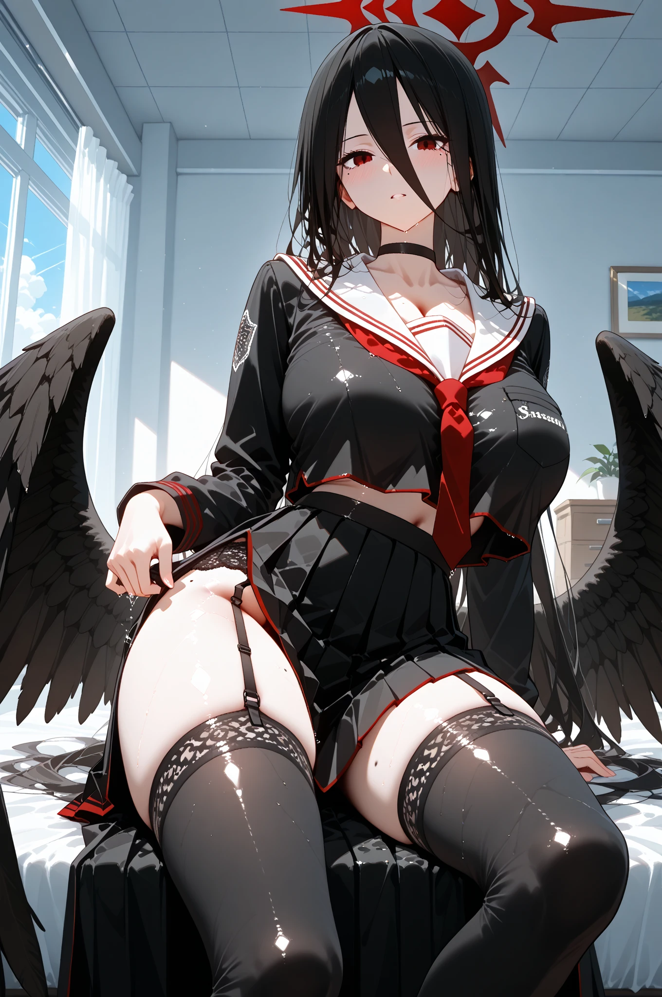 Blue Archive Hasumi, hasumi, Black hair, hair between eye, Long hair, (Red Eyes:1.5), Wings, Black wings, low wings, Feathered wings, (large full breasts:1.2),Blake Black Choker、(Black Serafuk:1.5)、Black skirt、Black Niso、garter strap、long-sleeve、pleatedskirt、student clothes、(serafuku)、side slits、skirt by the、thigh-high socks、BREAK looking at viewer, BREAK (masutepiece:1.2), Best Quality, High resolution, Unity 8k壁纸, (Illustration:0.8), (Beautiful detailed eyes:1.6), extra detailed face, Perfect Lighting, extremely details CG, (Perfect hands, Perfect Anatomy)、 (white panties:1.3)、(Squatting:1.3)、(Fully exposed panties:1.5)、plein air、outside of house、