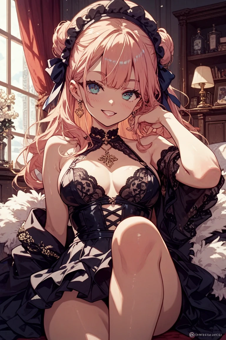 (masterpiece, Highest quality:1.3), (Very detailed:1.2), (hyperRealistic:1.3), (RAW Photos:1.2), High resolution raw color photos, Professional photos, (PhotoRealistic:1.4), (Realistic:1.4), (Pink Hair:1.5), Professional Lighting, Perfect Anatomy, (Big Breasts:1.3), (blush, Detailed face), (Bright smile:1.5), Trending Hair&Trending Hairカラーをランダムに, Earrings, necklace, bracelet, sexy, erotic sexy, ランダムなsexyなグラビアポーズ, (Beautiful cosplayer in a pink and white gothic lolita dress、The mysterious smile of an old church、Blue rose in hand。Lace headdress on head、She is wearing white boots。: 1.3)、Succubus、devil、It has two reddish-black horns on its head..、two horns on the head,