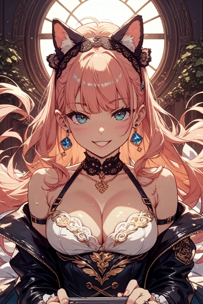 blond hair, pink eyes, Off-shoulder top worn on the chest, navel