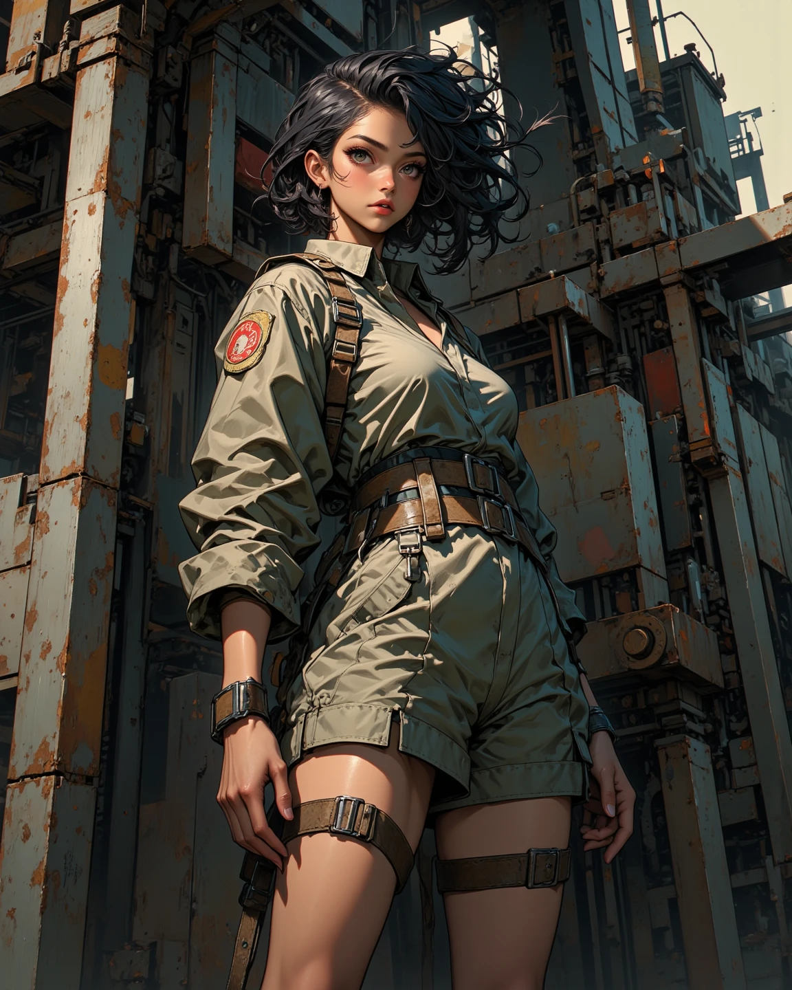 1woman 20 years old, military, beautiful, perfect body, realistic, red hair, perfect body, thin waist,  , large breasts, slim thighs, desert background, armored vehicle, flying fighters, military robot dog, camouflaged uniform, wealth of details, tight panties, marking on the front, slender knees, highly detailed, high resolution, prefect hands, slender thighs, show knees, thigh gap, alert eyes