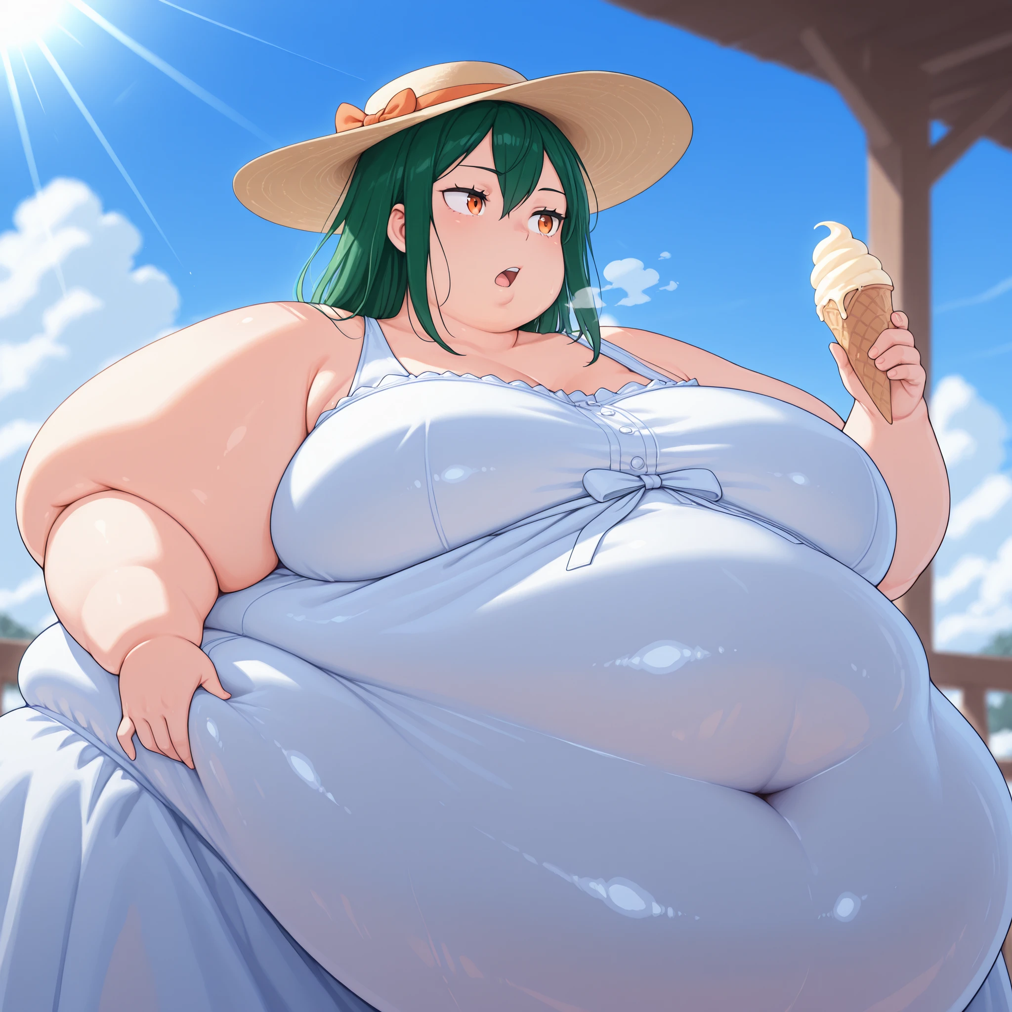 fat, large belly, standing, fat belly, very fat, large stomach, chubby, Aqua, Aqua Konosoba, very fat, safe for work, obese, giant belly, fat, huge, heavy, very fat, safe for work, fat, large belly, standing, grabbing belly, very fat, large stomach, chubby (best quality, masterpiece), sitting, table full of food, drinking beer