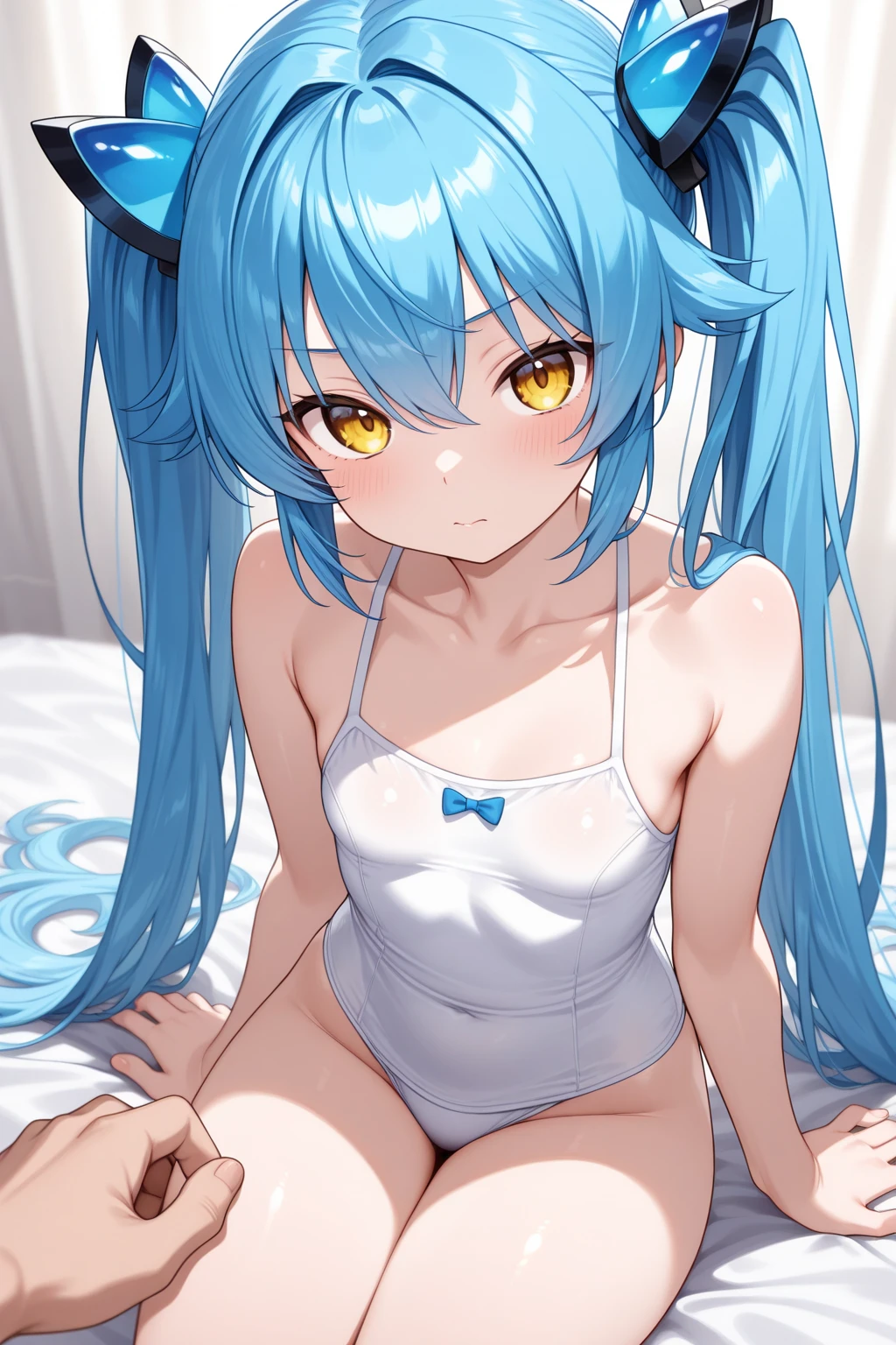 (best quality, masterpiece:1.2), ultra detailed, extremely detailed eyes and face, natural skin texture, detailed skin, natural lighting,
 chibi, 1 girl, 14-years-old, (cute),
 twin tails, light blue hair, shiny hair,
 blue eyes,
 (small breasts), 
 BREAK cheerleader, white and blue crop top, white and blue sleeveless shirt, midriff blue miniskirt, blue pleated skirt, white panties, 
 BREAK (embarrassed, aroused, blush, open mouth, orgasm, steam:1.2),
 BREAK (lying on back, girl spread legs, leg up, hold own thighs:1.4), pussy juice, camel toe,
 indoor, bedroom, on the bed, from above,