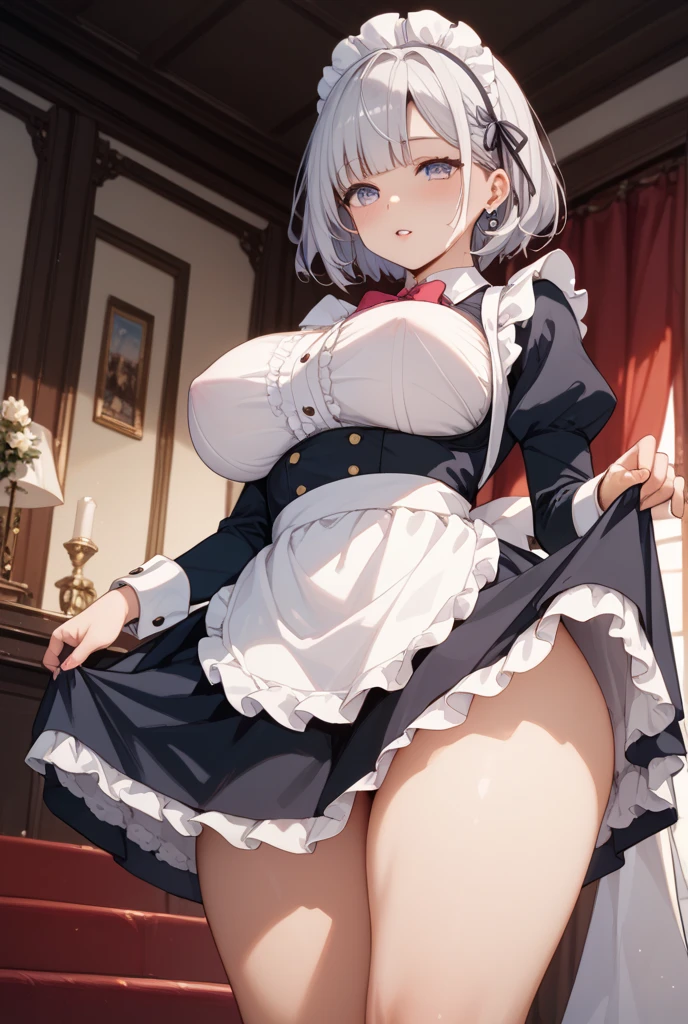 masterpiece, Highest quality, High resolution, Neferpitou 1, Gray Hair, Cat ear, (Feline tail:0.6), alone, short hair, Red eyes, Hair between the eyes, :3, Curly Hair, Striped, Cat girl,Frilled Skirt,Puffy short sleeves、Maid clothes, Place your arms behind your back, Mischievous face、Pussy、Thick white love juice、Drip a large amount of love juice、orgasm、Background Nature、Intense masturbation、Intense masturbation、blush、Embarrassed expression、Sweat、Pleasure、Spread your legs、Spread your legs、orgasm、Pee、incontinence、Pussyに指を入れる、sexual behavior、Sex、(Huge breasts:1.4)、Lacy white panties、Clothes are see-through、Nipples are visible through the