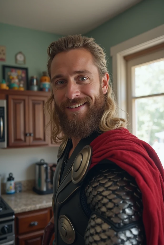 there is a man with long hair and a beard standing in a kitchen, Technoviking masculino sem camisa, chris hemsworth underwear ad, THOR, bearded and built, meio tiro de um hunky, Chris Hemsworth, Filme ainda de 'Thor', corpo peludo humano completo, de vingadores: Endgame (2019), vestindo roupas de homem das cavernas