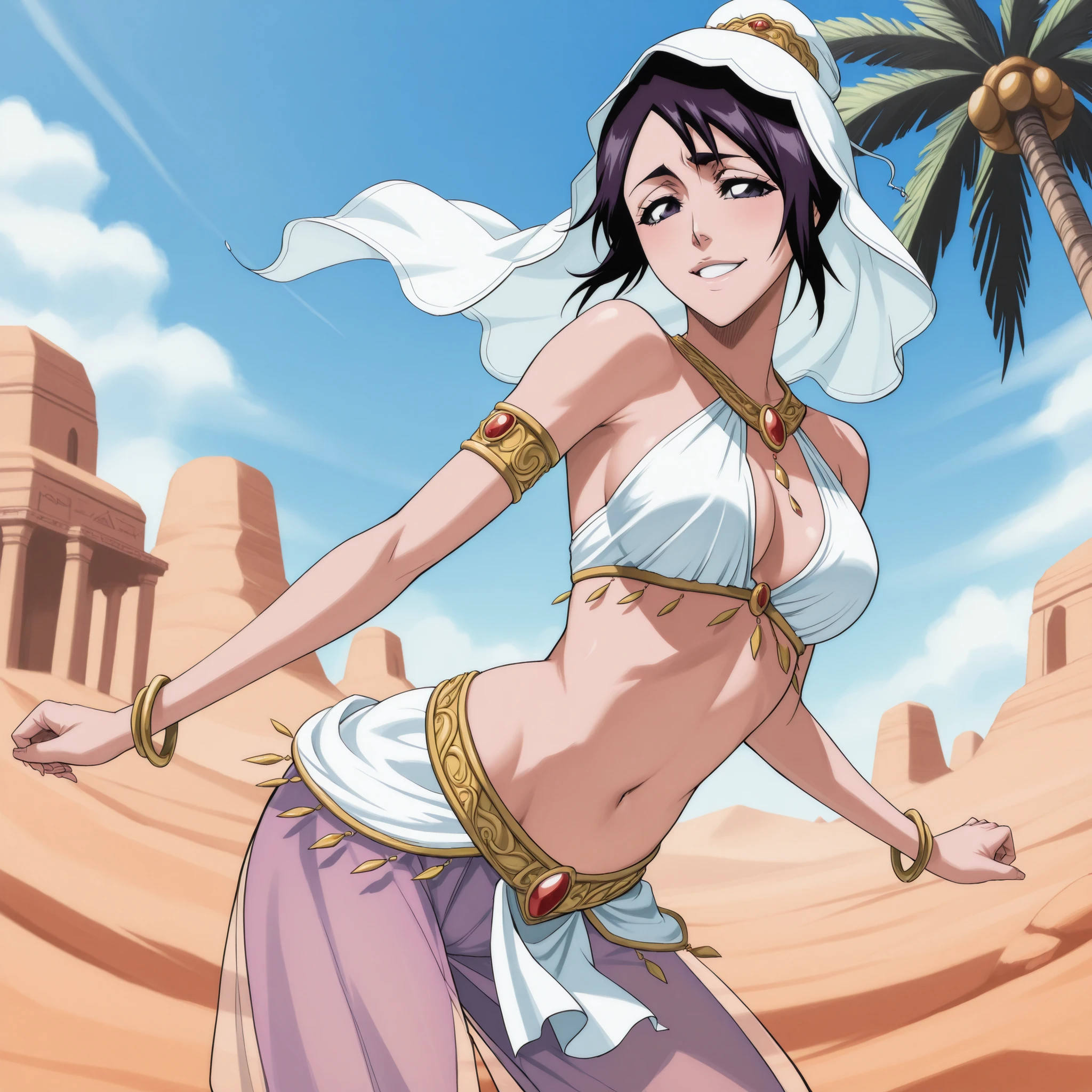 (1girl:1 . 5) , (Seul:1 . 5) , score_9 , score_8_haut , score_7_haut , source_anime , Official work  , ultra-detailed , masterpiece , best quality , high res , beaux yeux , detailed eyes , detailed face , beautiful detailed eyes ,Bleach,Momo Hinamori, Arabian Clothes , Arabian Dancer ,belly dancer costume , golden jewelery,armlet,harem outfit, harem skirt, harem pants, transparent pants, belly dancing, harem veil ,desert lands,palm tree,seductive smile, dancing with veil, dynamic movement, seductive pose,sexy pose
