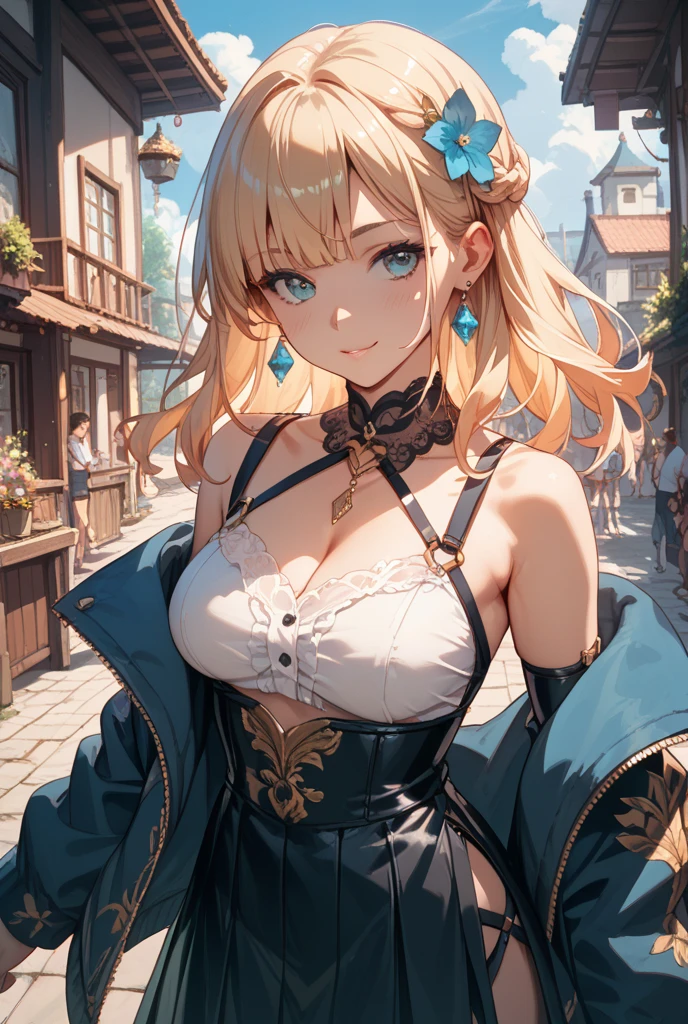 4k,High resolution, (Highly detailed CG Unity 8k wallpaper: 1.3)、one woman,blonde,long hair,blue eyes,、choker、gloves、Clean detailed eyes.((big breasts,big breasts,big breasts,nice detailed chest,naked,NSFW.whole body,((pussy)))),young girl