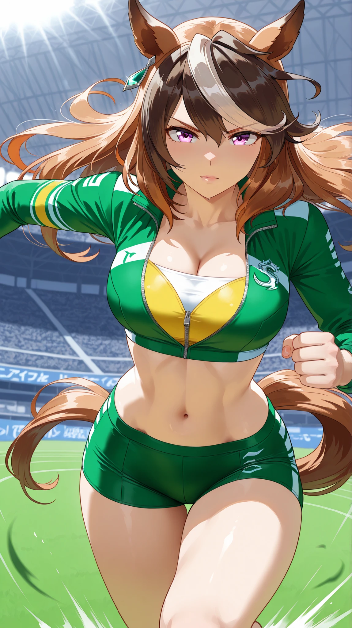 A detailed and charming description of a girl dressed as a sexy soccer player with a delicate look. Her curly brown hair falls softly over her shoulders, complementing her vibrant appearance. Wearing a uniform in the colors green and yellow, adorned with the flag of Brazil, she exudes confidence and passion for the sport. Sent on the football field, her pose is graceful and relaxed, conveying an air of intuition and grace --auto --s2