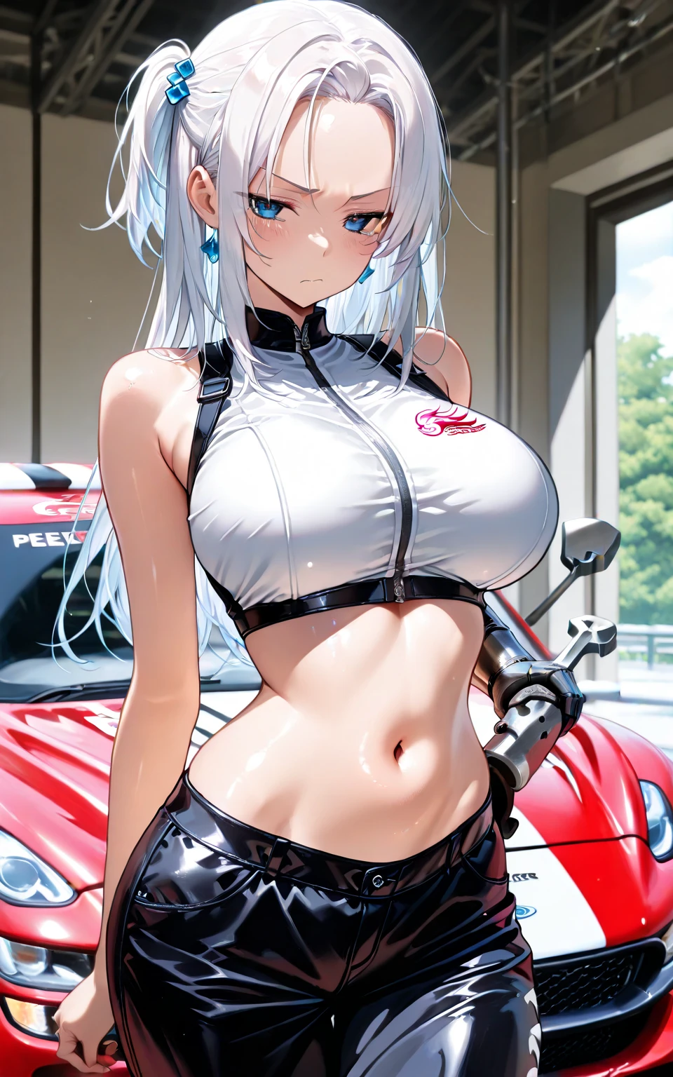 1girl, solo, long hair, breasts, looking at viewer, blush, smile, bangs, blue eyes, skirt, large breasts, hair ornament, thighhighs, long sleeves, navel, cleavage, jewelry, sitting, collarbone, jacket, swimsuit, grey hair, bikini, thighs, earrings, outdoors, parted lips, open clothes, sky, day, open jacket, blue sky, blue skirt, skindentation, thigh strap, highleg, blue jacket, ground vehicle, motor vehicle, blue bikini, o-ring, blue thighhighs, car, highleg bikini, race queen, sports car