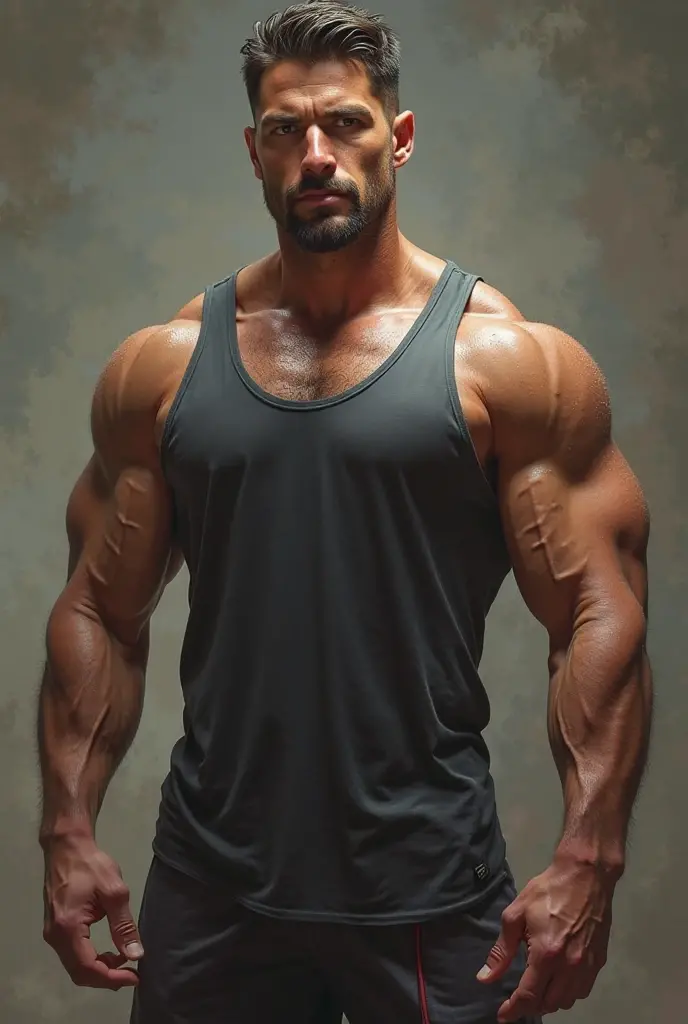 Man with 1,83 tall Dark blue tank top, Black cap, dark gray sweatpants black hair, brown dark eyes, dark circles, anchor goatee, half yellowish brown, common muscle type