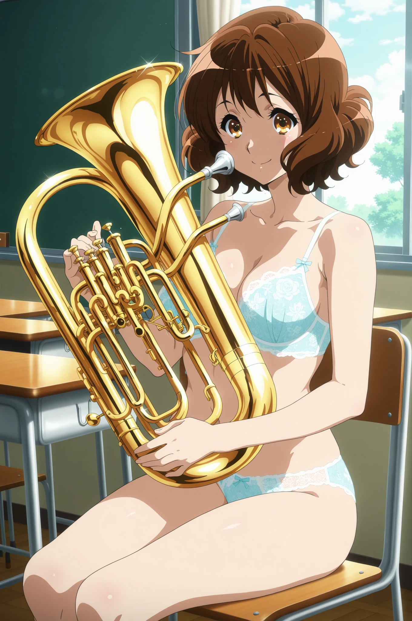 Highest quality、detailed、8K、1 girl、(Kumiko Oumae)、Sound Euphonium、Rear view、((bra lift:1.5、Nipples are visible))、close up ass、(Expanding the pussy)、(Expanding the uterus)、Masturbating with a musical instrument、A lot of love juice、((Instrument Masturbation、Rubbing the instrument against her pussy))、semen dripping from pussy、Drooling, ((playing the euphonium on stage))、Perfect Anatomy