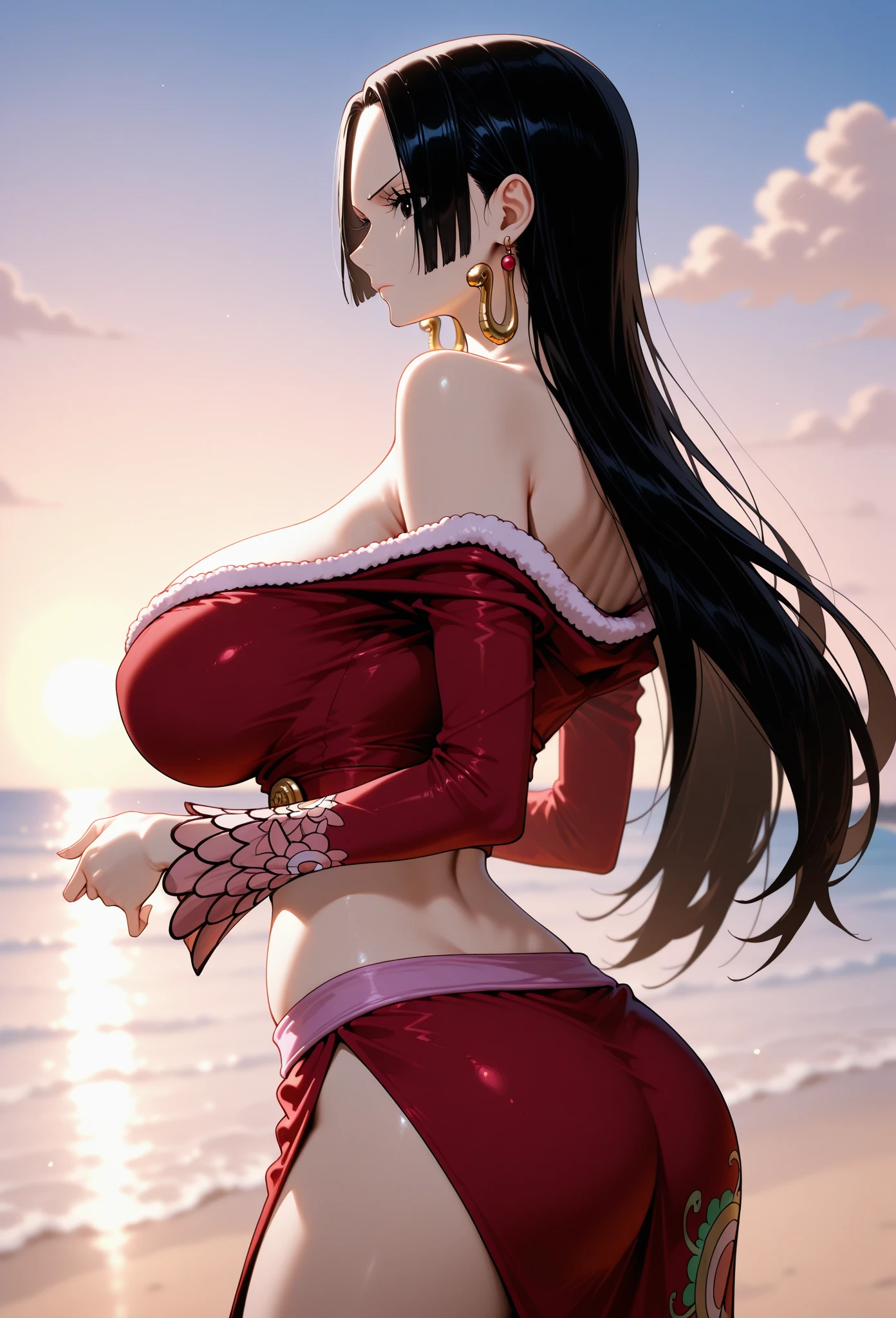 Highest quality:1.2, Anime works, Very detailed, High detail, digital coloring, High Contrast, masterpiece:1.2, Highest quality, Best aesthetics), (((Boa　Hancock, 1 Girl))), Black Hair, Straight Long Hair, , Red eyes, Earrings, Leopard print bikini、Swimwear、Grin, smile, The pose is random、sunny、Splash、blue sea、Entering the sea、Bright lighting、顔にSplashがかかる、Huge breasts、Close your right eye、Full body shot