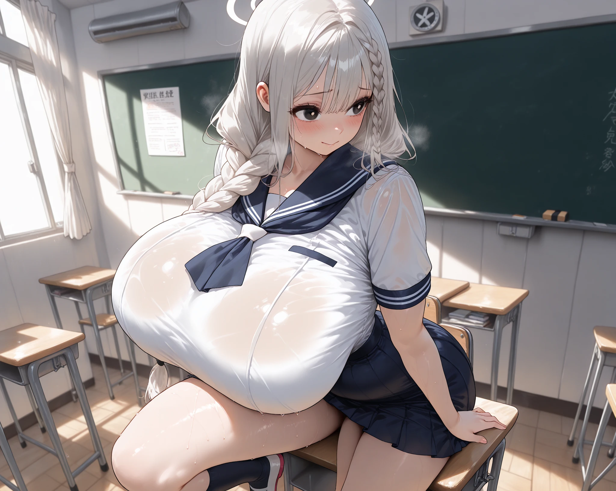 cute,(アニメ),white hair,skinny,woman,gigantic breasts,yang,seifuku,Stand Up