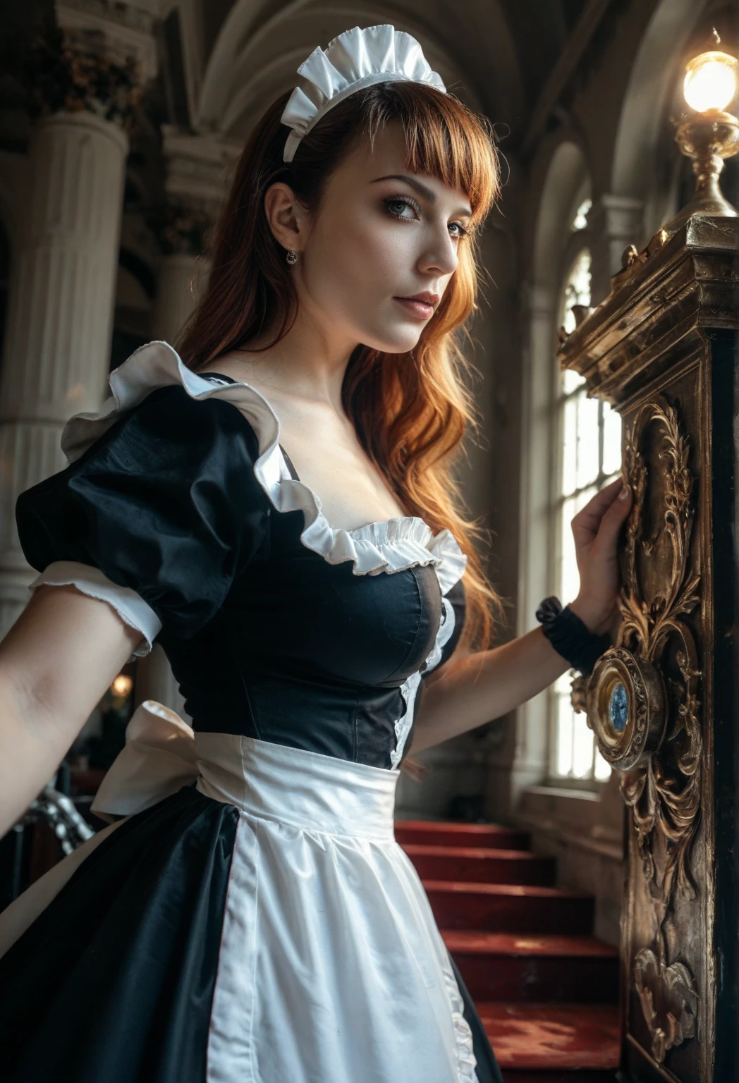 teen, , (from_behind:1.3) (sitting:1.2), (girl:1.2), red_hair,side_ponytail, steampunk, red, fabric, intricate dress, (female focus:1.3), laboratory, holding pendant, jewelry, (full_body:1.4), (((realistic))), (sharp focus:1.4), masterpiece, high quality, realistic lighting, center of frame, 8k, hdr