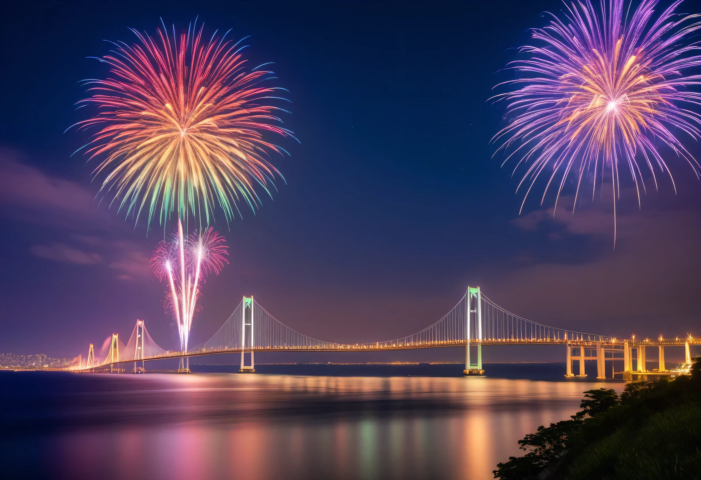 (big launch fireworks),Night view、Chicago、Cannon 17mm、f4、F11 6秒、 iso400、 white fluorescent lamp、(Akashi Strait Bridge),Rainbow Color、,fireworks illuminate the night sky、gradation、