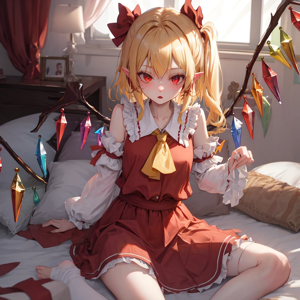 masutepiece, Best Quality, 1girl in,Flandre Scarlet,Blonde side ponytail、a bed、I'm wearing a white mob hat、There are colorful feather nudes(Heart shaped pupils) 、HCup Breast、Even if I open my mouth and stick out my tongue, it drips.、Happy face、full body seen、Beautiful breasts、Courtship action、all-fours