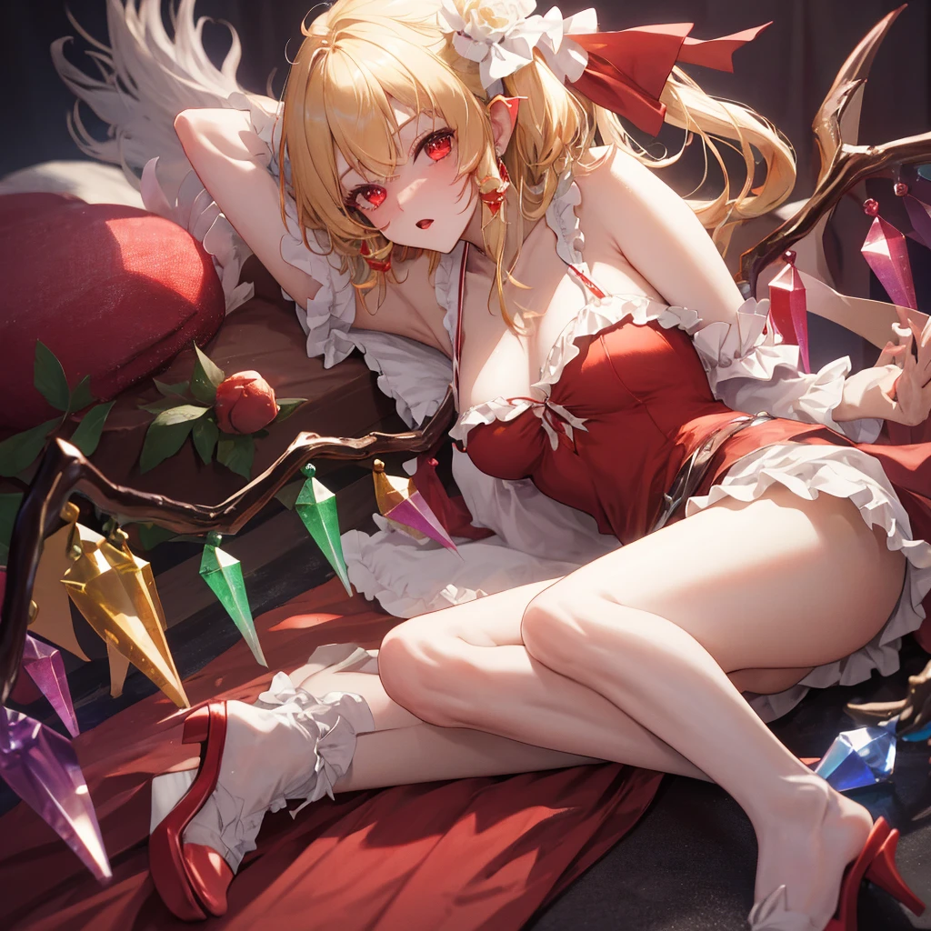(masterpiece, best quality), best resolution, (ultra-detailed), (3heads:1.5), 1girl, (flandre scarlet :1.3), masterpiece, best quality, red top, crop top, ((stomach)), midriff, ((groin)), red skirt, normal ears, shackles, blonde hair, very long hair, wavy hair, sidelocks, red eyes, parted lips, single horn, sweat, cute, toned belly, hand on own chest, eyelashes, (23 year old woman:1.3), (masterpiece:1.5), (best quality:1.5), (beautiful detailed extremely detailed CG, extremely delicate and beautiful, depth of field, (finely detailed face), (perfect details:1.2), (mature female:1.3), wide pelvis, slender, large veiny breast, 8k resolution, high quality, high definition, extremely detailed, masterpiece, best quality, blonde hair, long hair, alluring presence, braid, short skirt, close up, big tits, young, small red bow, mobcap,