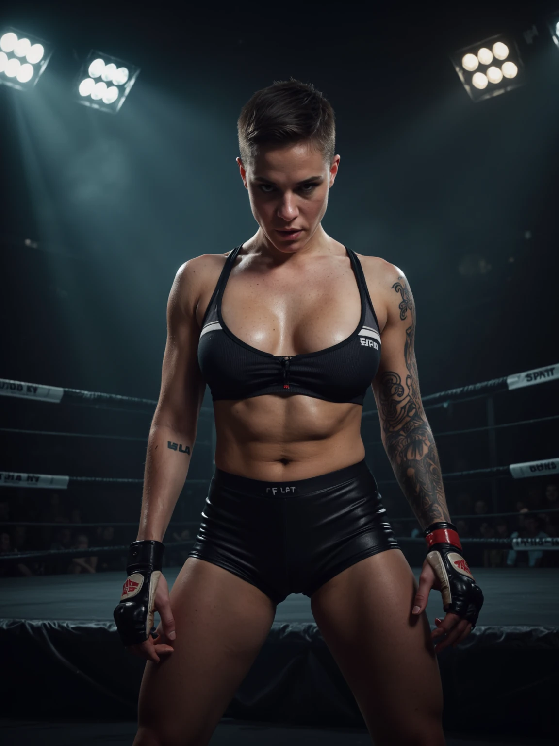 (Masterpiece, best quality), ((A gorgeous 37 year old strong german woman with mature look sitting in the corner of a boxing ring with her hands resting on boxing ring ropes, wearing black tight gym shorts, boxing gloves)), ((topless, NSFW, perfect large breasts)), (sweaty body), muscular body, fitness model body, (dark empty boxing ring:1.1)