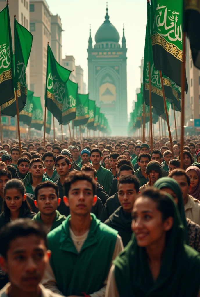 Islamic boys with green turbans infornt of green dome 