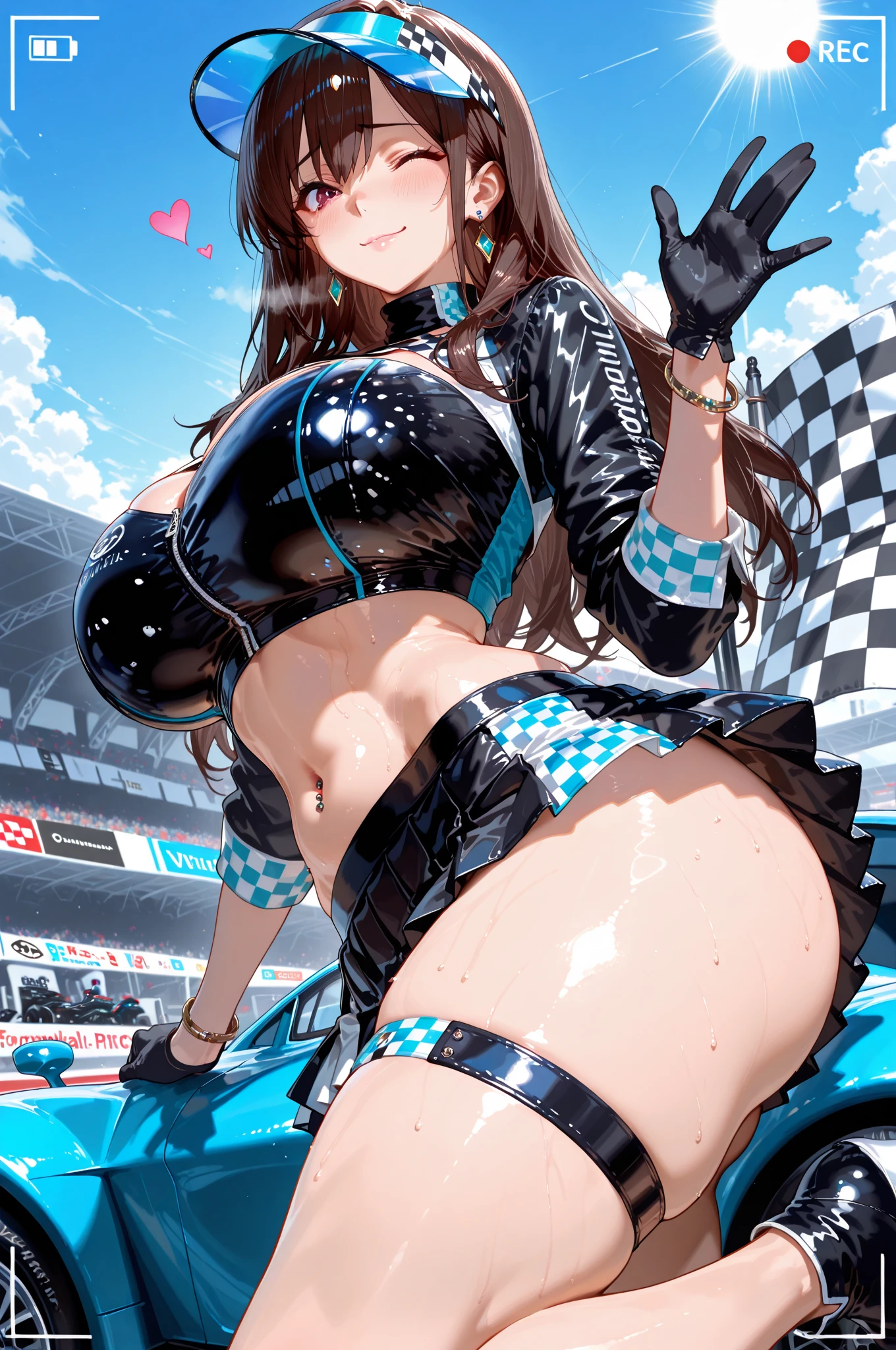 Bodysuits, || Race_Queen, || Race Queen, Knee socks, || abdomen, mini skirt, || Swimwear, || one-piece Swimwear, || Crop top, || bikini,  || Motorcycle Suit, || Fishnet tights, pantyhose,, ultra detailed, masterpiece, highest quality, beautiful, detailed,, alone, Frowning,
One girl, Red eyes, (tsurime:1.2), (Brown Hair:1.3), Medium Hair, (Asymmetrical bangs, Swept-apart bangs, Whorl:1.35), Reverse hair, Folded ponytail, Folded ponytail, Big Breasts、Underboob,mini skirt