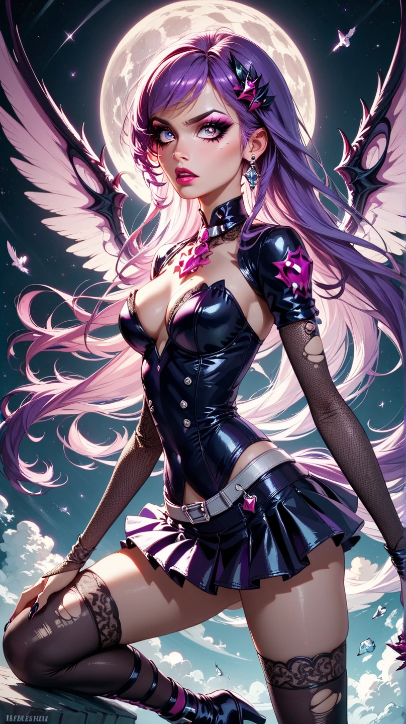 (((Masterpiece))), 1girl, super detailed, hyper-realistic face, (coquettish expression), futuristic mini dress, futuristic headphones, ((super cute face)), ((angelic face)), ((incredibly beautiful eyes)), (super luminous purple eyes), (full body), pink boots, (luminous multicolored hair), super sexy hair, (delicate and perfect hands), (perfect anatomy), super delicate and sexy body, sexy pose, ((ulzzang)), (super thin face), delicate features, ultra detailed, best quality, captivating beauty, sexy look, beautiful background of stars --auto