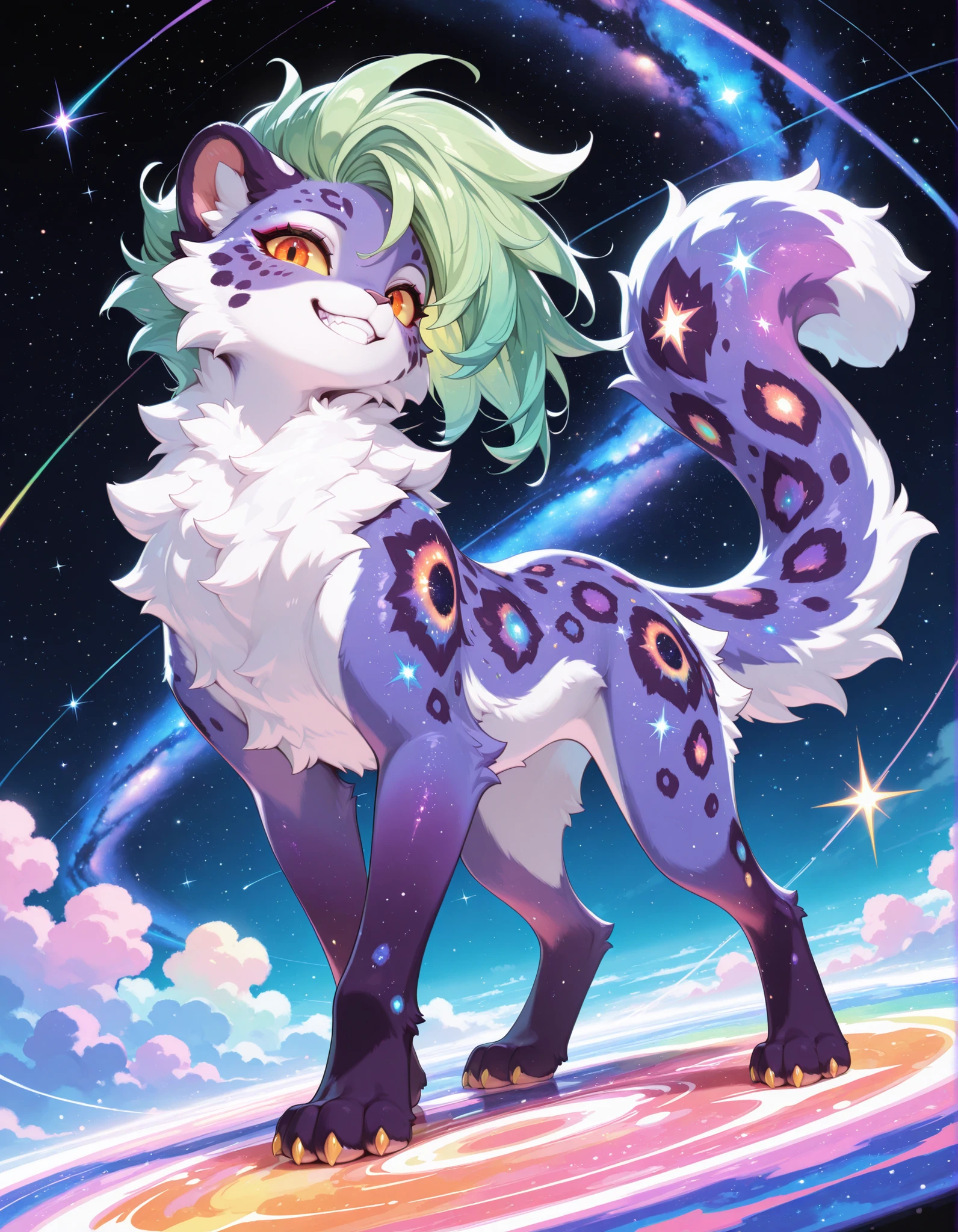 solo, female, hair, fluffy, tail, smile, looking at viewer, white body, teeth, feral, semi-anthro, claws, white fur, tuft, markings, leopard, paws, 3 toes, orange eyes, yellow sclera, pawpads, purple body, spots, grin, purple fur, quadruped, green hair, star, sparklefur, cosmic background, galaxy, felid, feline, pantherine, digital media \(artwork\), colorful theme, masterpiece, absurdres, gosdoq