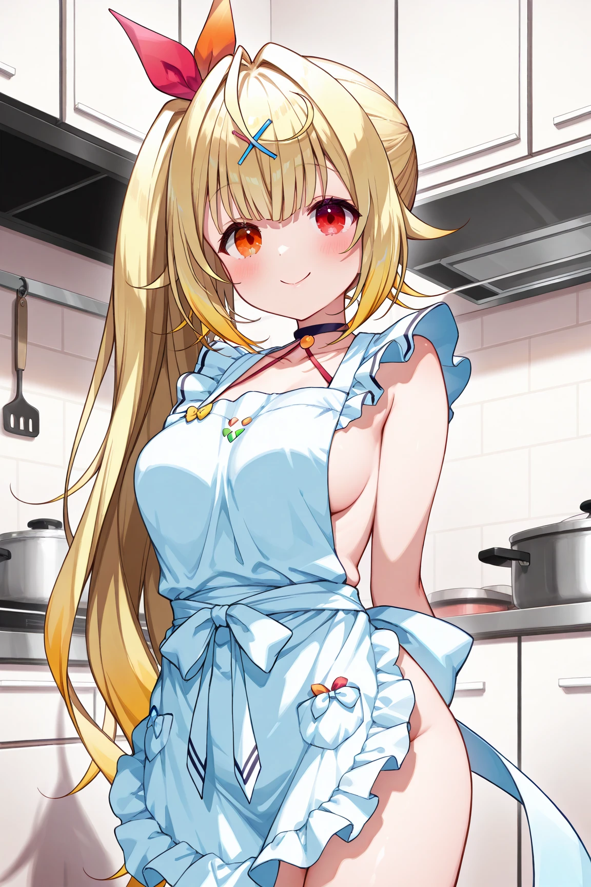 score_9, score_8_up, score_7_up, source_anime,
genshinlumine, <lora:genshin-lumine-2024-short-ponyxl-lora-nochekaiser:1>,
lumine, bangs, blonde hair, hair ornament, hair between eyes, yellow eyes, flower, hair flower, feather hair ornament,
dress, bare shoulders, detached sleeves, scarf, white dress, white footwear, cleavage, detached collar,
indoors, kitchen, seductive smile,
looking at viewer, solo, dutch angle, cowboy shot,