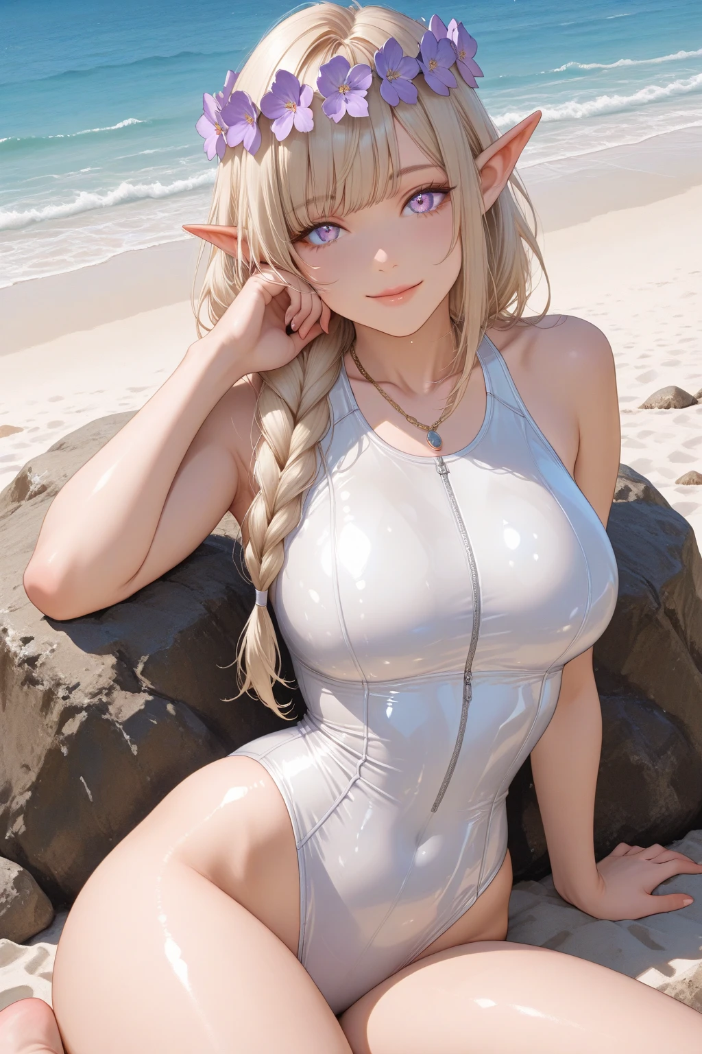 (Masterpiece, High Quality, Top quality, High-Detailed, Detailed CG, Cinematic Shadow, Cinematic Scene, Beautiful Detailed Eyes, Ultra Resolution, Depth of Field), (Character: Frieren: Beyond Journey's End), Looking At The Audience, Looking Down, Looking At The Audience Below, (Blush Expression:1.2), (SFW:1.2), Elf Ear, Silver Hair, Twin Tails, Spiky Ears, Five Fingers, Good Composition, Arms, (Swimsuit:1.2), (White Swimsuit:1.0), Thicc Thighs, Small Breasts, Medium Breast, Dark Background, Blur Background, Castle Room, European Room