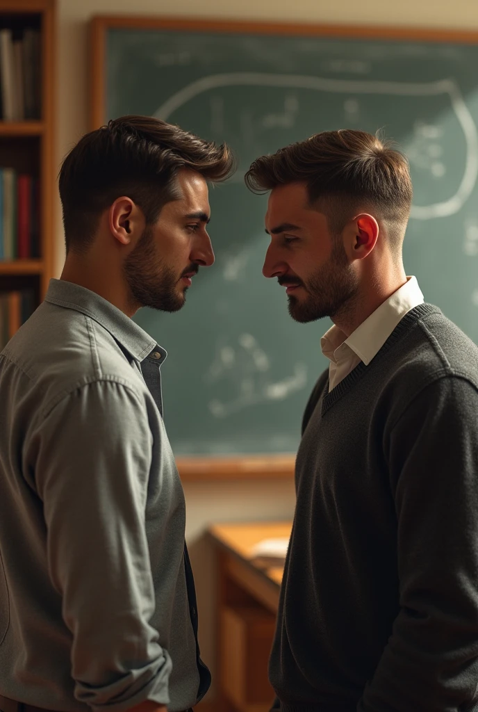 A couple of guys kissing against a bookshelf in a library