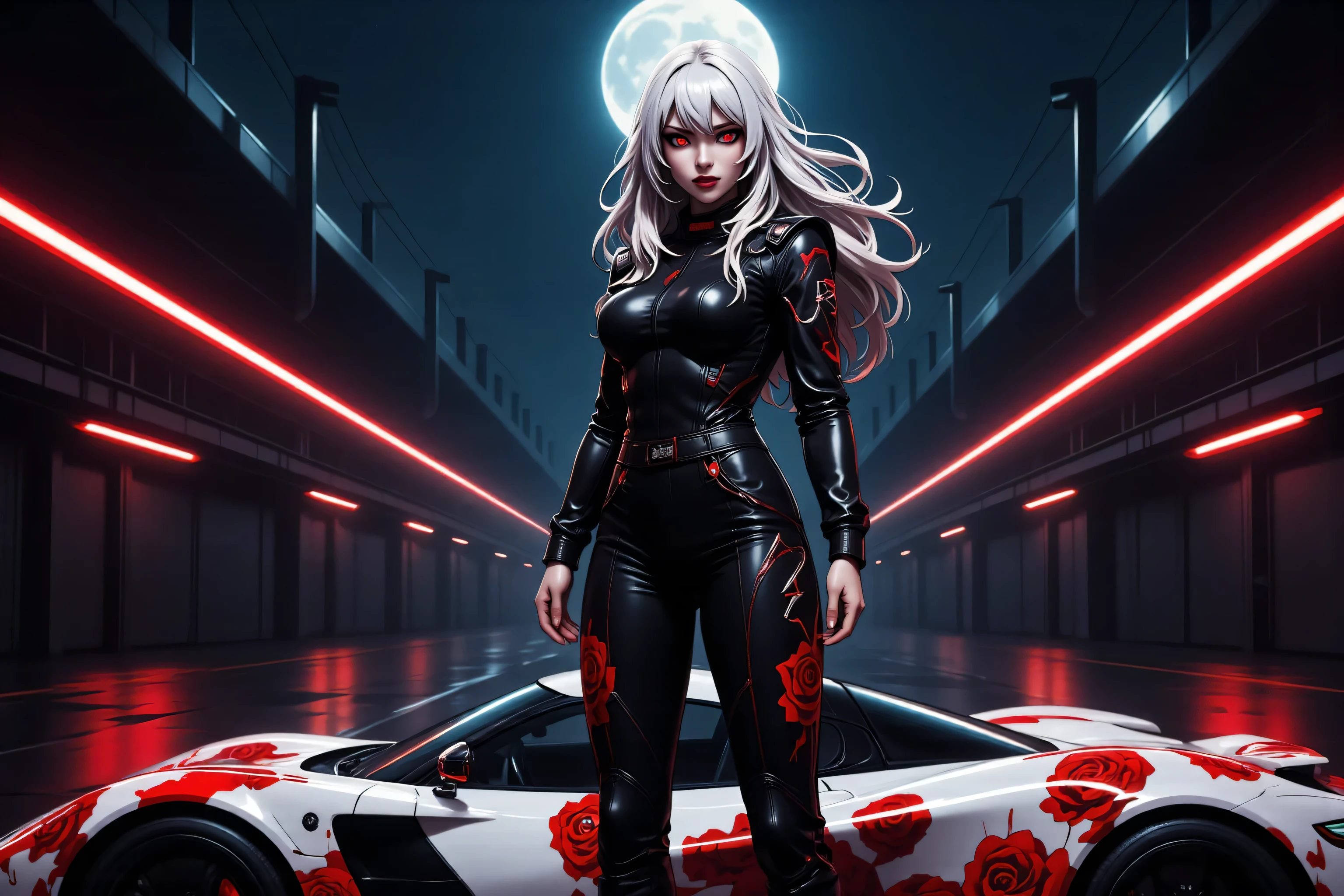 [1girl, Roxy_Citron_OC, solo, red eyes, white hair, rainbow hair, long hair, streaked hair], (driving, racing, dragster), rod_zombie, dragula, speed, motion_blur, fumes, fog, exhaust, streaming_hair, traffic, weaving,  Khorne_World, (skulls), chain, spikes, fantasy, fire, red glow, red theme, dynamic_pose, cowboy_shot, ultra-detailed), (masterpiece), (best_quality), (cinematic_lighting), (vibrant_colors)